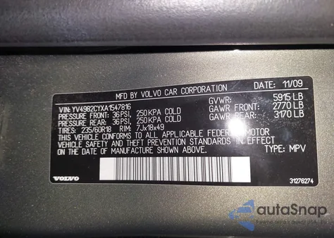 2010 Volvo Xc90 3.2 from USA, damaged, VIN YV4982CYXA1547816